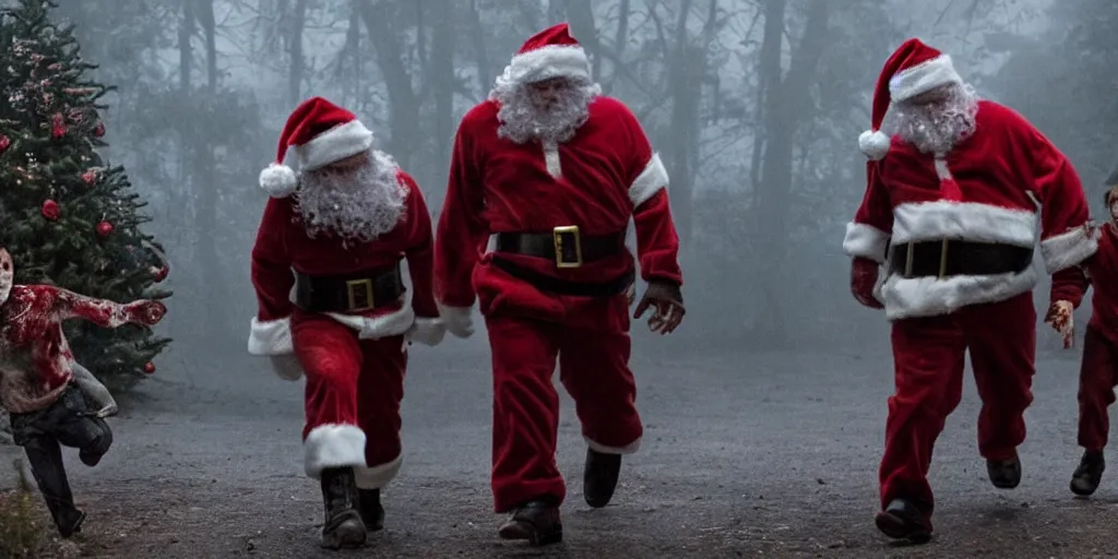 Prompt: Children running away from zombie Santa, Christmas horror movie fog dark blood by Jordan Peele