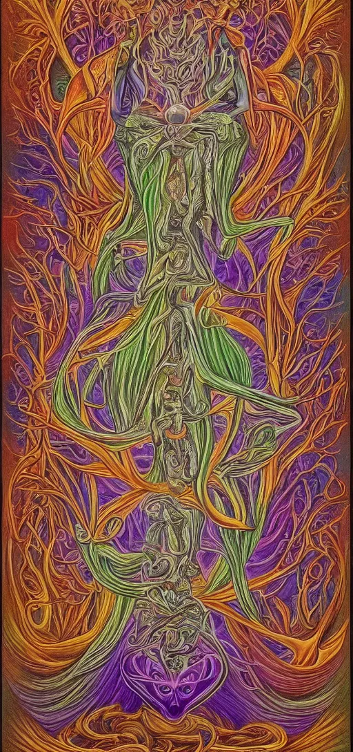 Prompt: alchemy and rosicrucianism fall in love, in the style of alex grey