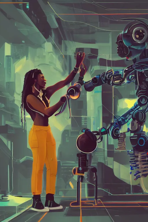 Image similar to a black girl fixing a robot, in the nature, mixing solarpunk, afropunk and cyberpunk technology and aesthetic ( ( ( ( volumetric light ) ) ) ), high angle, part by pearl fryar, part by prince damah, sunny day, trending on artstation, cinematic view, illustration, painting.