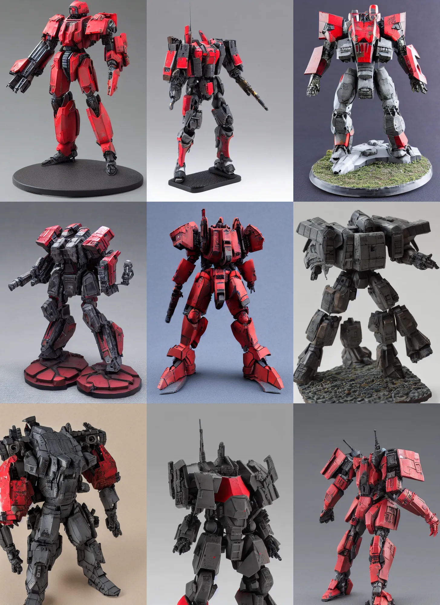 Prompt: 8 0 mm resin detailed miniature of a armored core with red shoulder, full body, head, legs, textured base ; product photos, 4 k, view from front