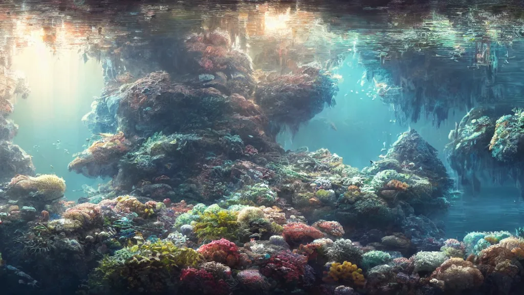 Image similar to ultra realist and ultra intricate detailed soft painting of an underwater environment, trasnslucid eggs, bubbles, elegant, reflections, focus, award winning, trending in cgsociety artstation deviant art, octane render, by Beeple