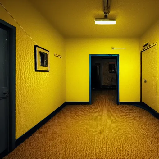 Image similar to a strange room with a yellow wallpaper, fluorescent lights, and a yellow moist carpet, eerie, liminal space, grainy footage, first person,