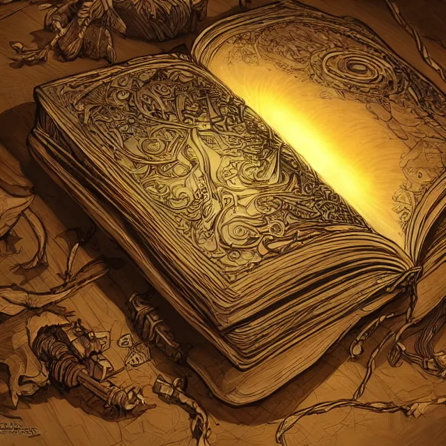 Prompt: a glowing open book laying on a wooden desk, fantasy concept art, fantasy book cover, highly detailed, intricate drawing