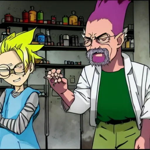 Prompt: senku from dr stone and walter white from breaking bad in a lab together