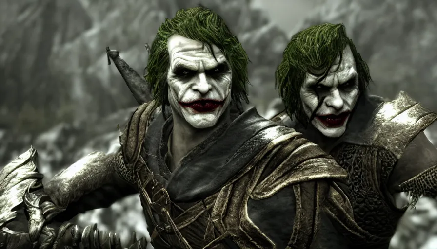 Image similar to skyrim character screenshot of the joker attacking you with an elven mace, enb, 4 k, bokeh, beautiful, detailed