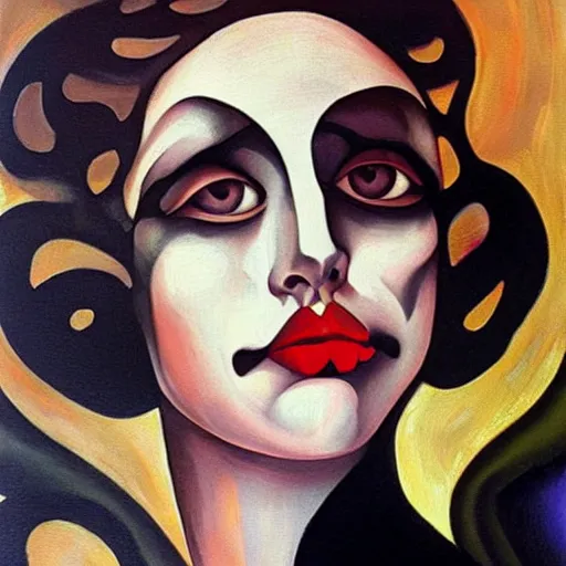 Image similar to hyperrealistic scary beautiful maniac deformed artnouveau woman portrait of deep layers of fear sharp focus in style of tamara de lempicka