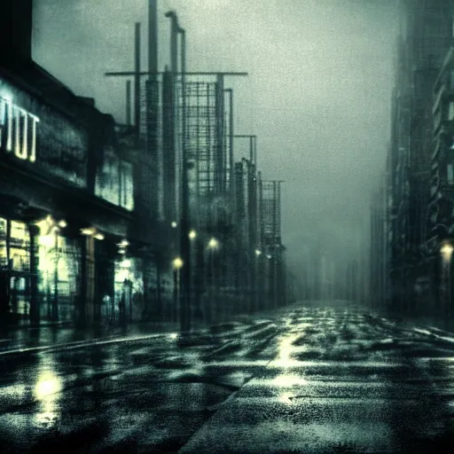 Image similar to dystopian city scape dark,gloomy, raining
