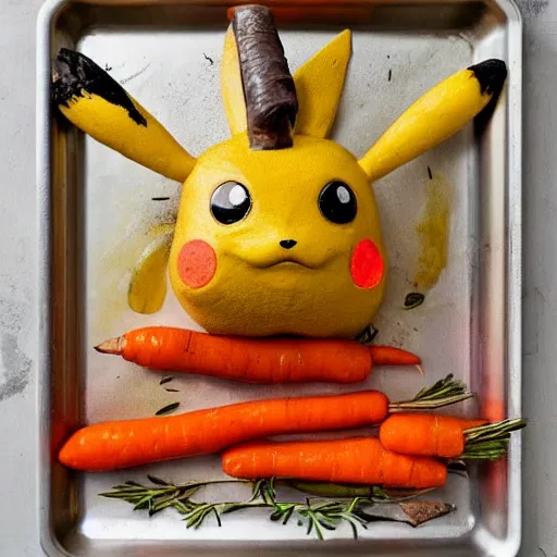 Prompt: roasted pikachu in a baking tray with rosemary and thyme, carrots and parsnips, cooking oil, ready to eat, electric sparks