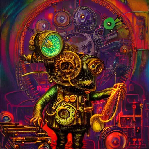 Image similar to steampunk rat, acid, 303, psychedelic, by paul lehr, cd cover for techno artist