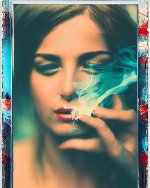 Prompt: a woman's face peaking above the water, serene emotion, polaroid, vibrant patterns, smoke on the water, harsh lighting