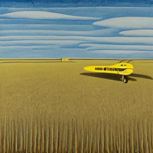 Image similar to a yellow biplane flying low over a wheat field, by eric ravilious