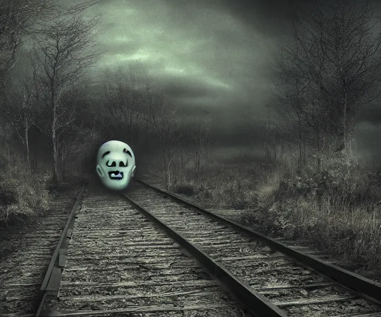 Prompt: creepy ghost train, high res, photorealistic, dark atmosphere, dark fantasy, gloomy tracks, bright lights, forestry