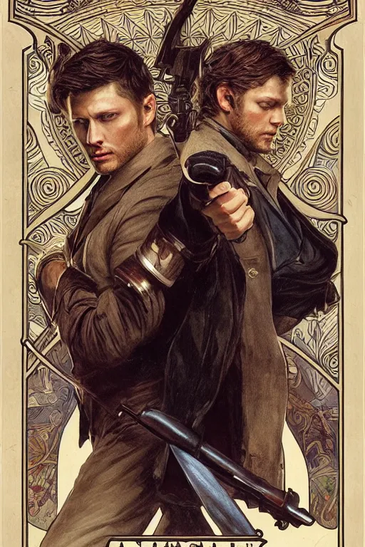 Image similar to a detailed matte portrait of jensen ackles and jared padalecki in a supernatural sherlock holmes story, masterpiece, 8 k, art by alphonse mucha and greg rutkowski