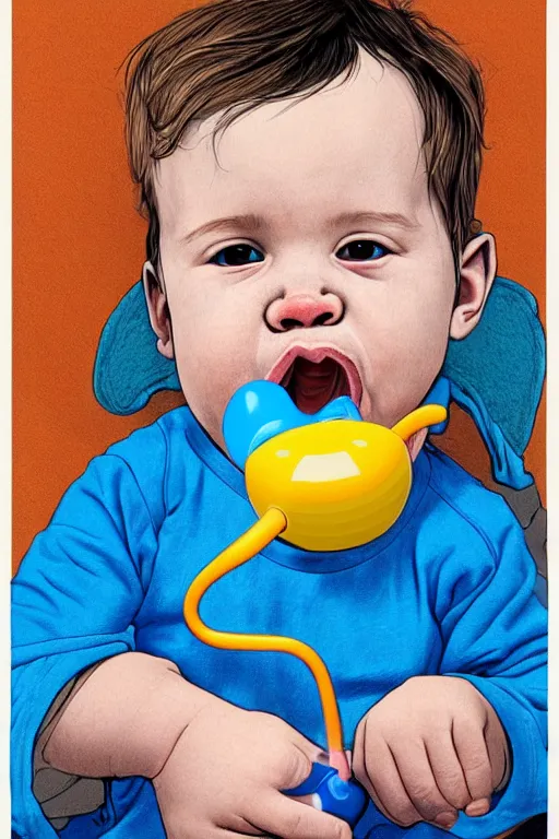 Prompt: a beautifully detailed coloured illustration of the baby boy sucking on a blue pacifier, by andrew salgado and rogier willems