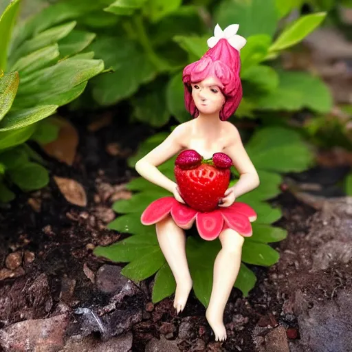 Prompt: a femo figurine of a cute funny strawberry fairy sitting made of strawberry jam