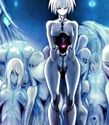 Image similar to female anime character Rei Ayanami cyborg in the center giygas epcotinside a space station eye of providence Beksinski Finnian vivid HR Giger to eye hellscape mind character