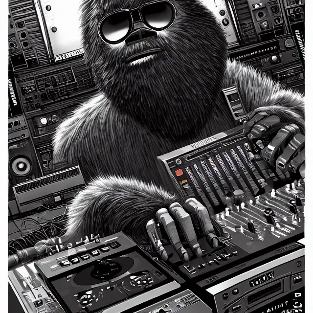 Prompt: a portrait of an anthropomorphic cyberpunk bigfoot dj at the turntables, detailed render, tape deck, boombox, headphones, epic composition, cybernetics, 4 k realistic, cryengine, realistic shaded lighting, sharp focus, masterpiece, by matteo scalera, gary montalbano, peter elson in the style of the tokyo ghost comic