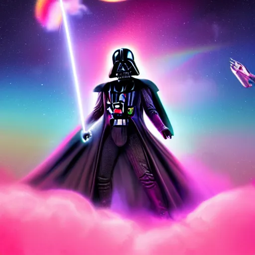 Image similar to beautiful matte painting, rainbow colored pink pink darth vader wearing pink wearing pink, riding a unicorn, riding a unicorn, riding a unicorn over a glittering rainbow in space by lisa frank and dan mumford, octane render, HDR, vivid color, volumetric lighting, unreal engine, concept art, CGsociety, trending on artstation