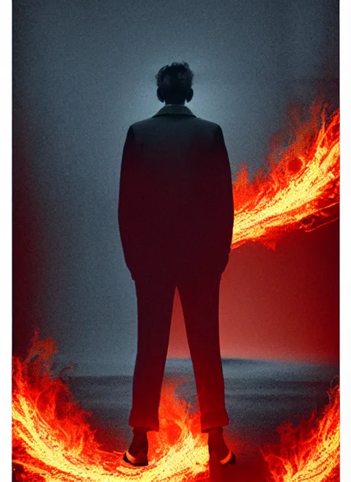 Prompt: City on fire flowing flames lone man walking, Mads Berg, Karolis Strautniekas, James Yang, film noir, stippled light, dramatic lighting,editorial illustration, detailed, matte print, dark blue, dark orange, white, red