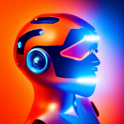 Image similar to a orange and blue shiny metallic robot in style of a bmw concept car vision with cyan glowing laser beams out of the eyes, insanely integrate details, cables out of the ears, sharp, frontshot, 8 k,