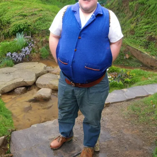 Image similar to clean shaven pudgy British lad with short curly dark brown hair as a hobbit wearing a white men's crossbody sling chest bag and blue vest