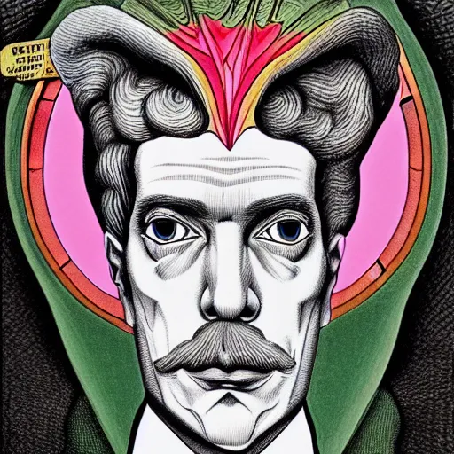 Prompt: M.C. Escher lithograph of Professor Moriarty, accurate face, correct face, symmetrical face, in the style of Lisa Frank