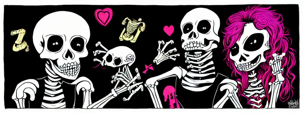 Prompt: ska skeleton and girlfriend, 80s checkerboard 666, digital art, chalk, ultra detailed by Tara McPherson and Gary Houston
