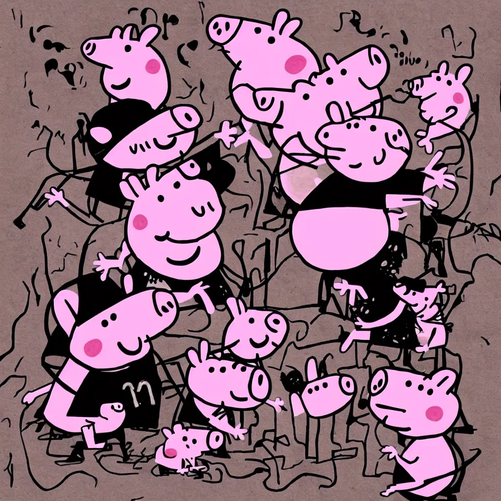 Image similar to Peppa the pig in a black metal band