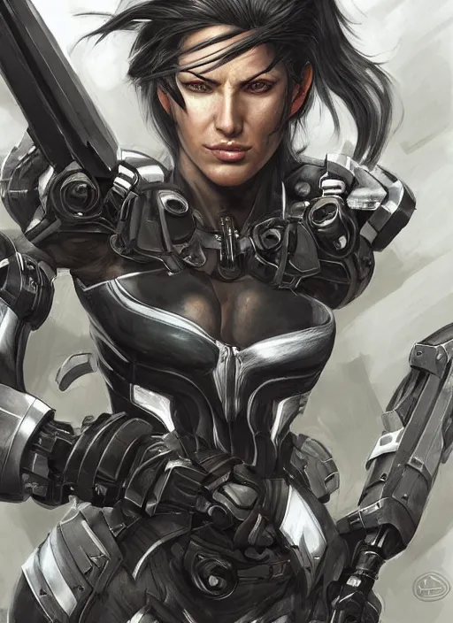Image similar to very muscled Amazon jetstream sam from metal gear rising as a ruggedly mean looking heroine, intricate, elegant, highly detailed, centered, digital painting, artstation, concept art, smooth, sharp focus, illustration, art by artgerm and donato giancola and Joseph Christian Leyendecker, WLOP