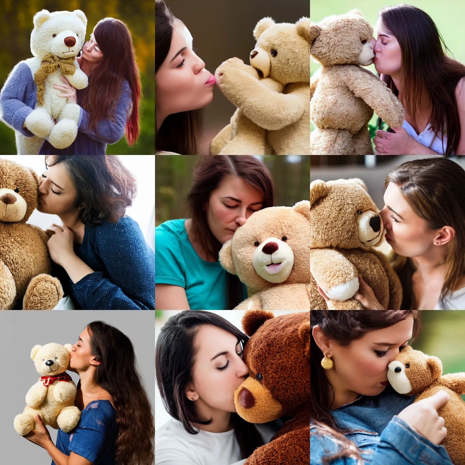 Prompt: woman kissing a teddy bear