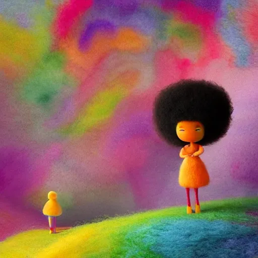 Image similar to a black girl with a colorful afro in a candy forest at night, bokeh, bright colours, watercolor, volumetric wool felting, macro photography, children illustration, by goro fujita