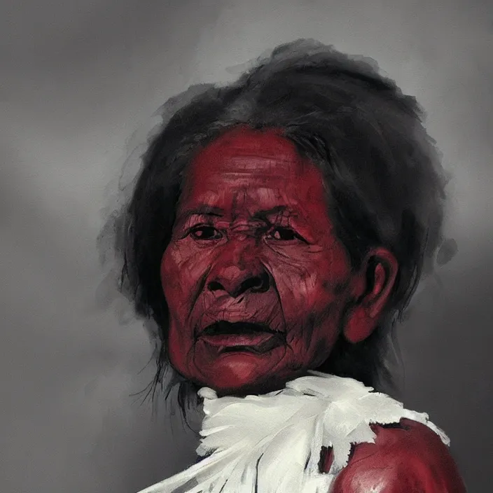 Image similar to a painting of a lantina elder woman by Kara Walker . details, smooth, sharp focus, illustration, realistic, cinematic, artstation, award winning, rgb , unreal engine, octane render, cinematic light, macro, depth of field, blur, red light and clouds from the back, highly detailed epic cinematic concept art CG render made in Maya, Blender and Photoshop, octane render, excellent composition, dynamic dramatic cinematic lighting, aesthetic, very inspirational, arthouse.