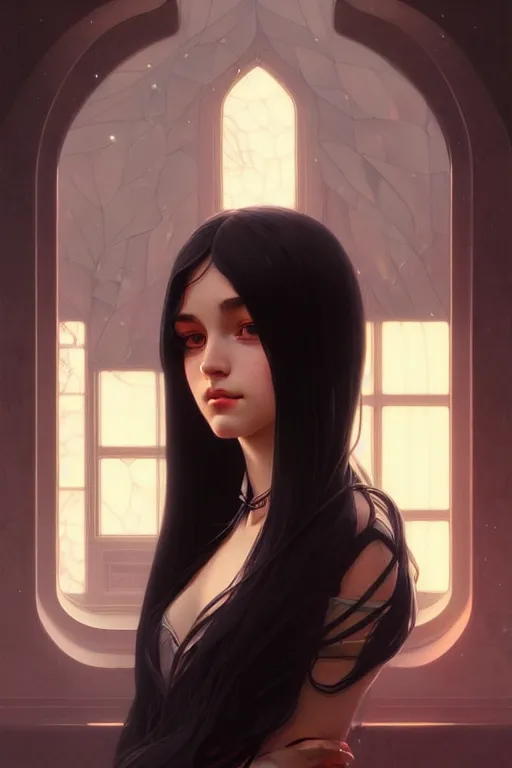 Image similar to a beautiful girl with long black hair, fantasy, portrait, sharp focus, intricate, elegant, digital painting, artstation, matte, highly detailed, concept art, illustration, ambient lighting, art by ilya kuvshinov, artgerm, Alphonse mucha, and Greg Rutkowski