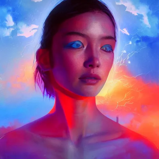 Image similar to 3 d, sci - fi, morning, sleepy fashion model face, sun, neon, cinematic, lightning clouds, vogue cover style, poster art, light orange and deep blue mood, realistic painting, intricate oil painting, high detail, figurative art, multiple exposure, poster art, 3 d, by tooth wu and wlop and beeple and greg rutkowski