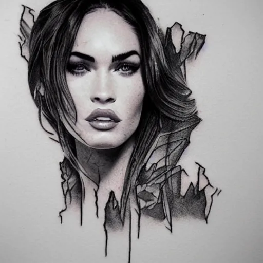Image similar to megan fox as beautiful mountains, double exposure effect, medium sized tattoo sketch, amazing detail, trending on pinterest, in the style of dan mountford