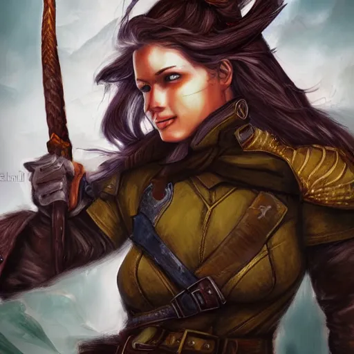 Prompt: portrait of a female ranger, dungeons and dragons, full color, vivid, realistic illustration, upper body close up with face