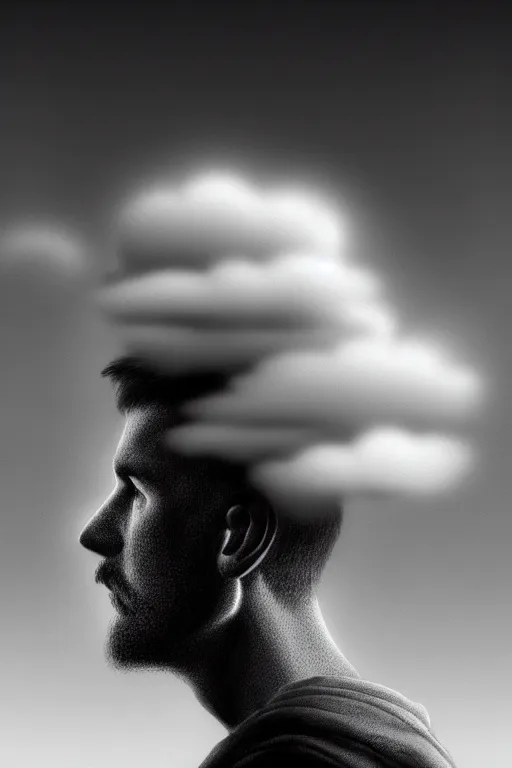 Image similar to of man with cloud head, in the style of tim smith, solarpunk, atmospheric, clean, intricate and epic composition, gray by caravaggio, insanely quality, highly detailed, masterpiece, white light, artstation, 4 k