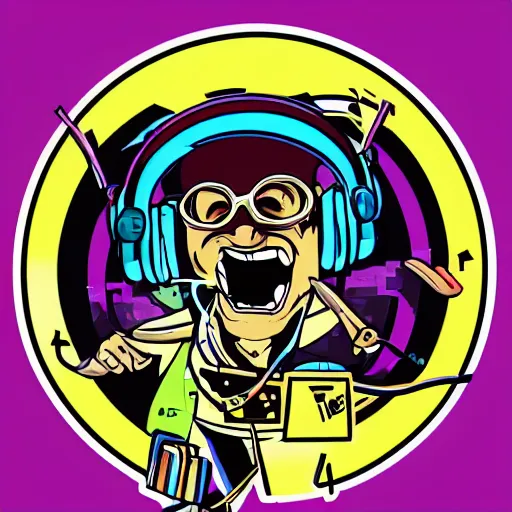 Image similar to svg vector sticker of absolutely insane-mad-scientist-villain, rocking out, wearing headphones, huge speakers, dancing, rave, DJ, spinning records, digital art, amazing composition, rule-of-thirds, award-winning, trending on artstation, featured on deviantart