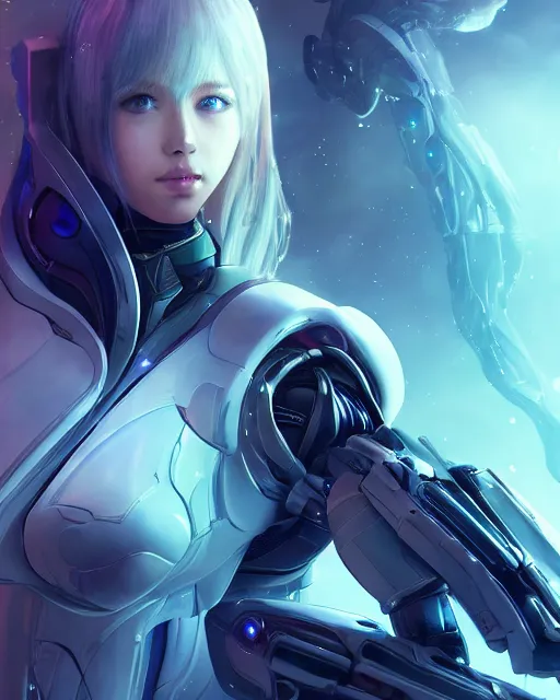 Image similar to perfect android girl on a mothership, warframe armor, beautiful face, scifi, futuristic, galaxy, nebula, bae suzy, dreamy, long white hair, blue cyborg eyes, sharp focus, cinematic lighting, highly detailed, artstation, divine, by gauthier leblanc, kazuya takahashi, huifeng huang