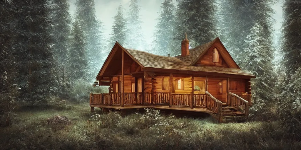 Prompt: a wooden cabin in the forest, trending on artstation, digital art