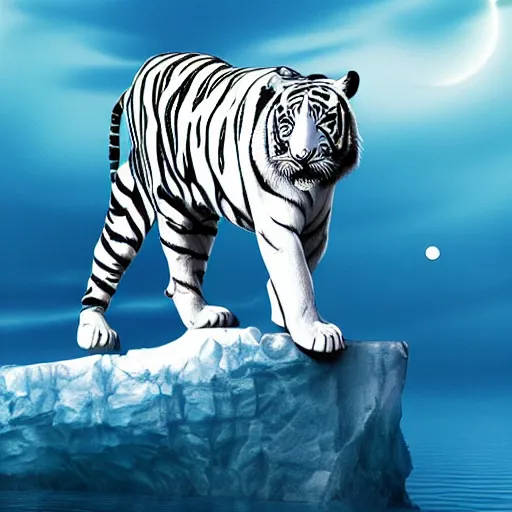 Prompt: a illustration white tiger standing on the top of a iceberg, an ocean, an moon, sacried, peaceful, elegent, high quality, tones of blue, by levente szabo