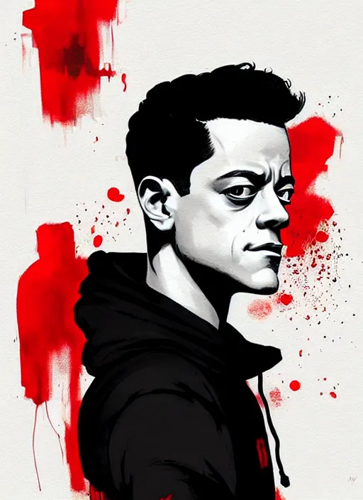 Image similar to highly detailed closeup art portrait of rami malek, elliot alderson, black hoody by atey ghailan, by greg rutkowski, by greg tocchini, by james gilleard, by joe fenton, by kaethe butcher, gradient red, black and white color scheme, grunge aesthetic!!! ( ( graffiti tag wall background ) )