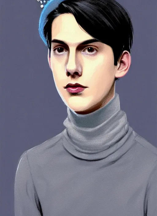 Image similar to portrait of teenage jughead jones wearing a light grey crown, crown, blue turtleneck, 1 9 5 0 s, closed eyes, photorealistic, black hair, glowing lighting, intricate, elegant, glowing lights, highly detailed, digital painting, artstation, concept art, smooth, sharp focus, illustration, art by wlop, mars ravelo and greg rutkowski