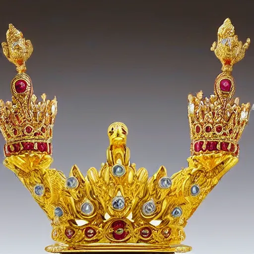 Prompt: a plastic duck king sitting on a gold throne decorated with many rubies and diamonds, detailed duck, duck king is wearing a gold crown and gold necklace, super realistic, 8k