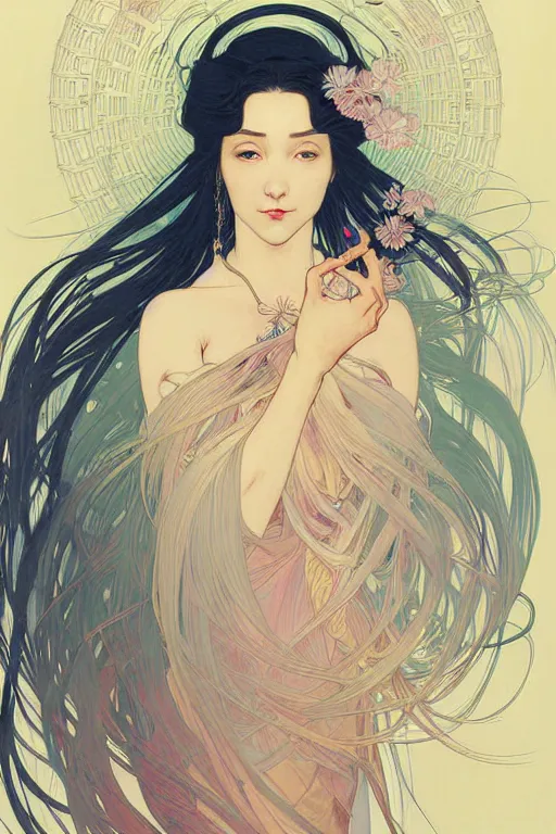 Image similar to beautiful portrait digital painting female holding white hair glowing, blush, pleated skirt, flowing hair, slim face, elegant, alphonse mucha, by yoichi hatakenaka, masamune shirow, josan gonzales and dan mumford, ayami kojima, takato yamamoto, barclay shaw, karol bak, yukito kishiro