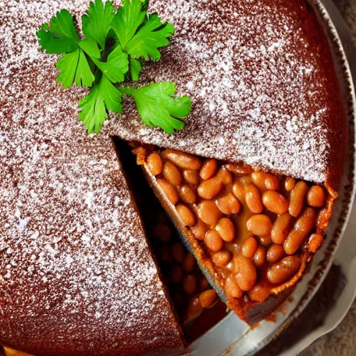 Image similar to a cake covered in baked beans and parsley, photo