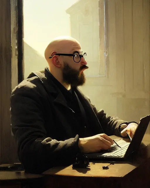 Prompt: a bald round - faced male hacker with glasses without a beard at the computer. fantasy art by greg rutkowski, gustave courbet, rosa bonheur, edward hopper. faithfully depicted facial expression, perfect anatomy, sharp focus, global illumination, radiant light, detailed and intricate environment, trending on artstation