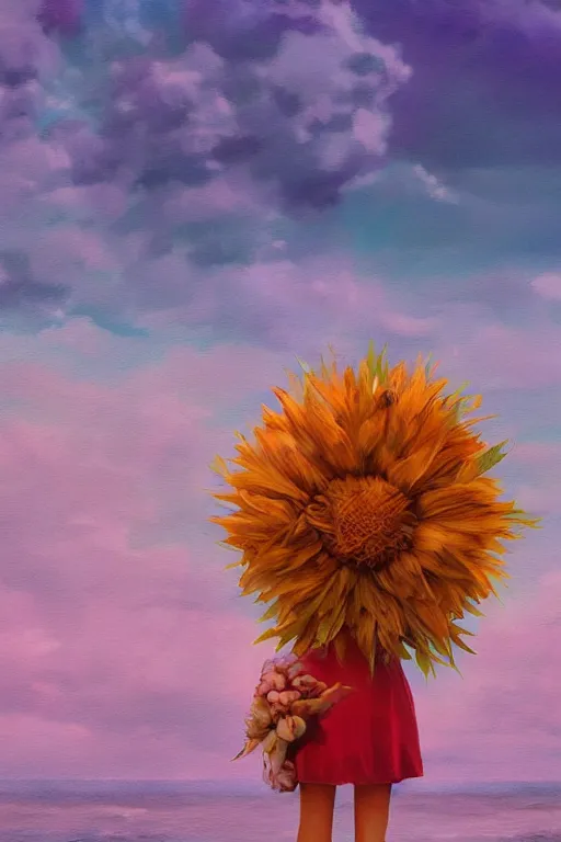 Prompt: closeup, enormous flower head, a girl on beach, surreal photography, wind and cold, dramatic sky, impressionist painting, digital painting, artstation, simon stalenhag