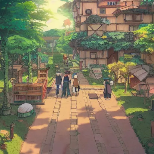 Prompt: solarpunk village, studio ghibli!!!!!!!, anime!!!!!!!, artstation, sunny