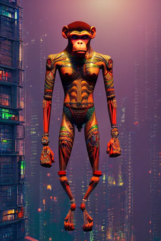 Prompt: high quality 3 d render stylized mischievous cyborg muscular man monkey hybrid, neon madhubani, highly detailed, cyberpunk!! mumbai in the background, unreal engine cinematic smooth, szukalski ravi varma, moody light, low angle, uhd 8 k, sharp focus